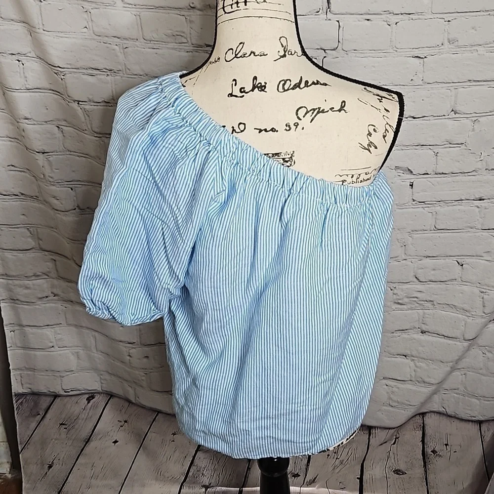 Loft Striped One Shoulder Linen Blend Blouse Size Small NWT